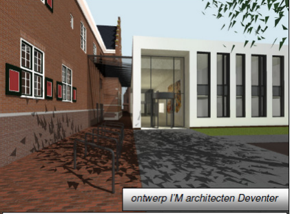 ontwerp voor de uitbreiding van het gemeentehuis van Veendam, een rijksmonument. Aanzicht centrale hal vanaf het Julianapark. (ontwerp en fotoverantwoording: L'M Deventer)